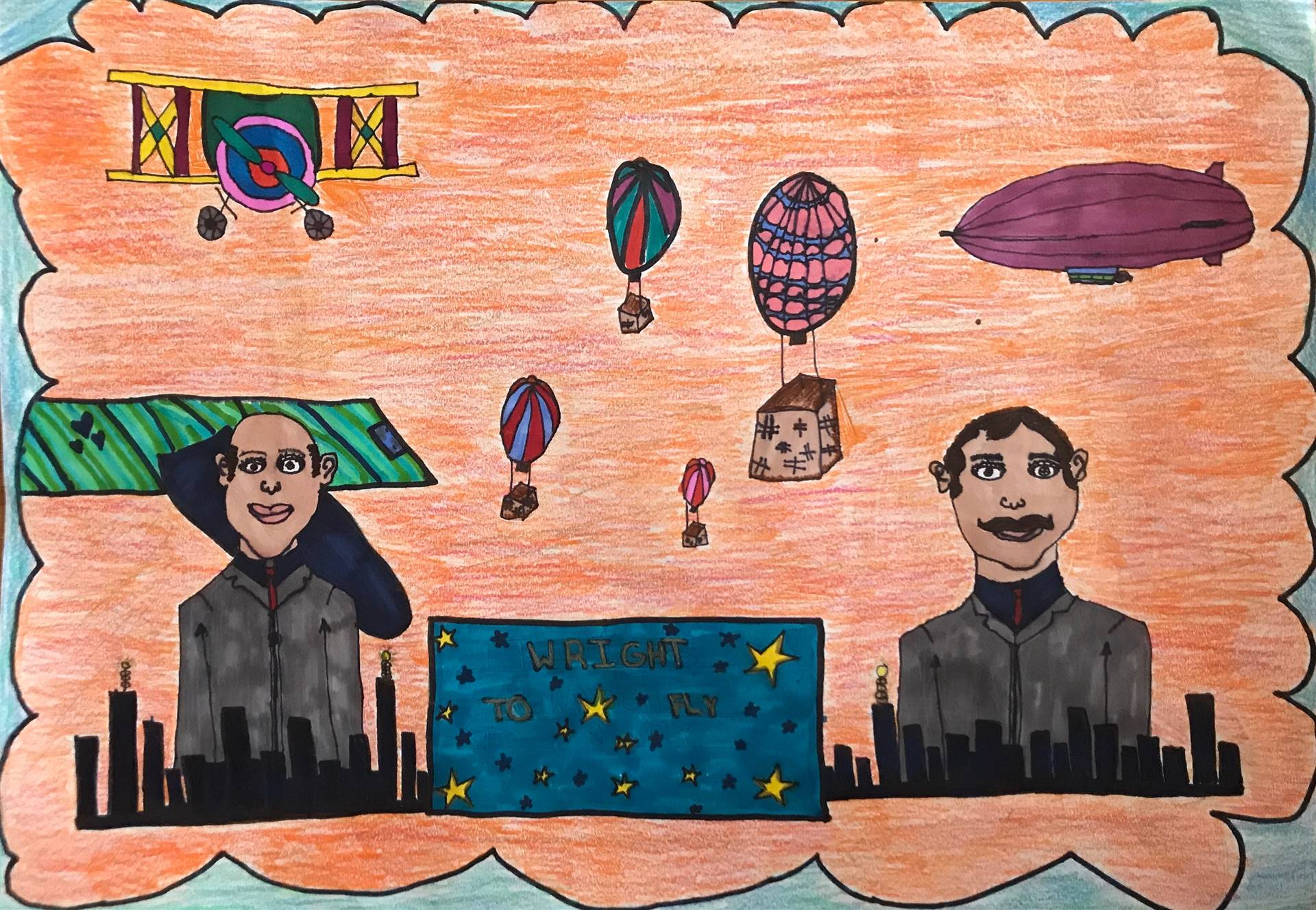 Student art displaying people, hot air balloons and zeppelin.